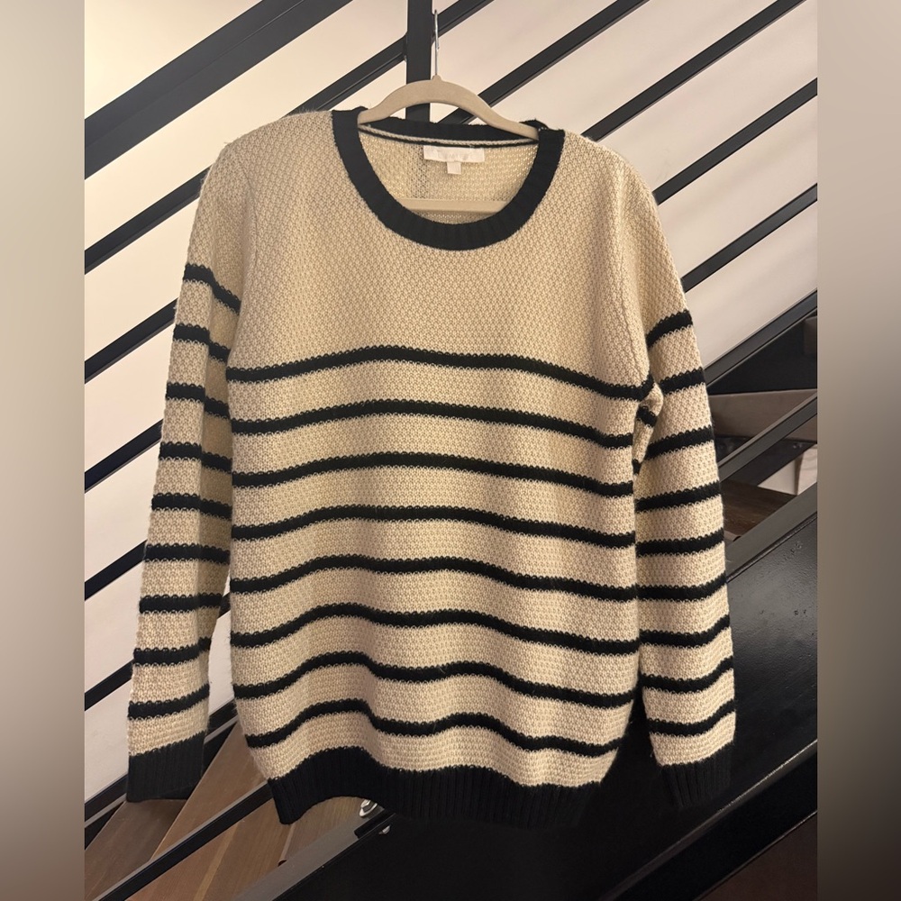 Lumiere Beige and Black Striped Crewneck Sweater